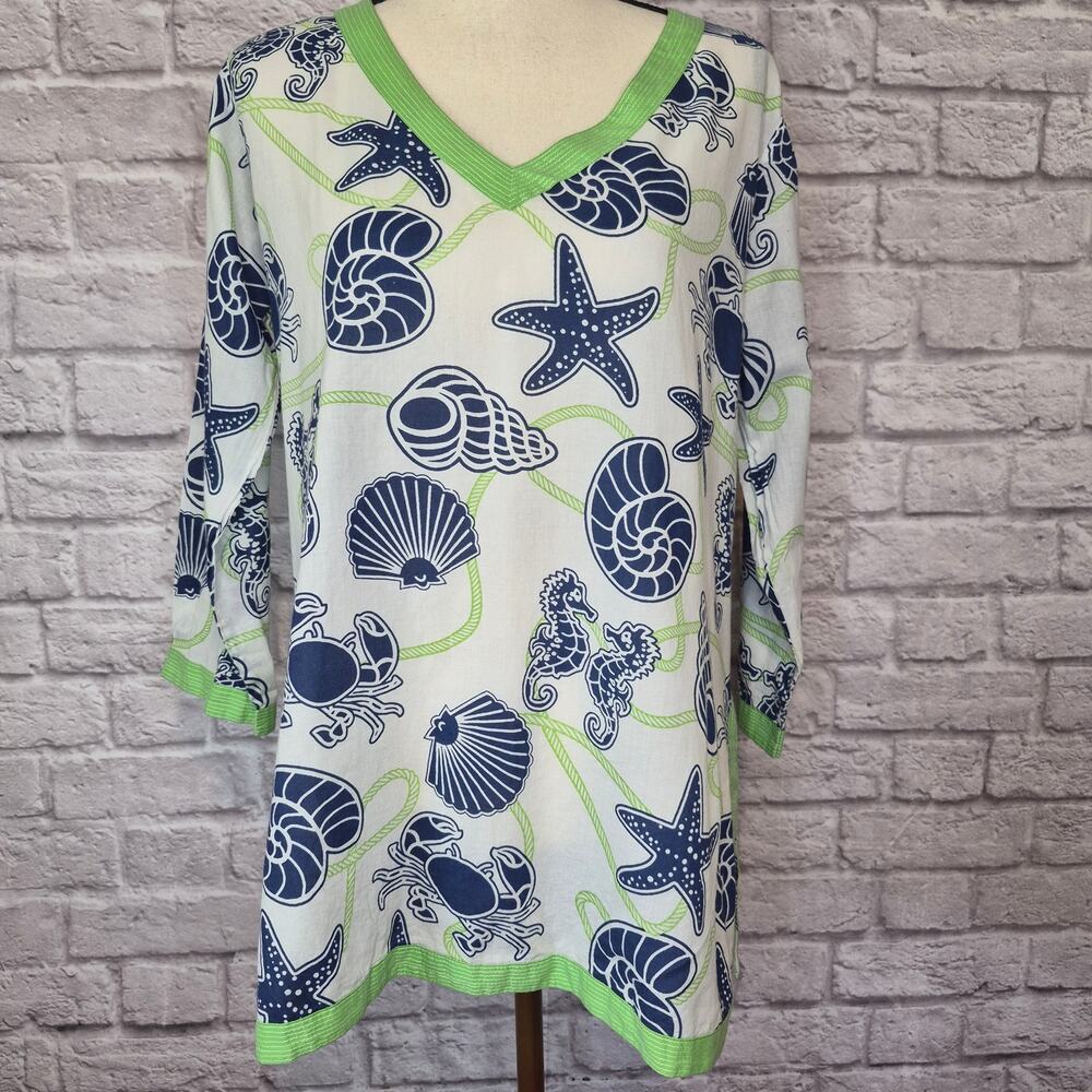 Gretchen Scott Sea Creature Starfish Seashell Tunic Cover Up Top Blue Green Sz M - Picture 3 of 9